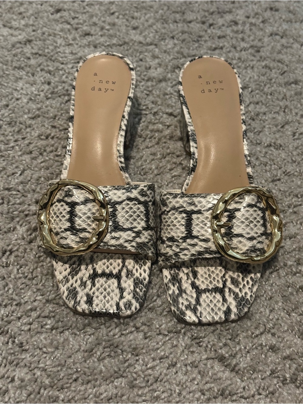 a new day Snake-Print Slide Mules with Gold Buckles